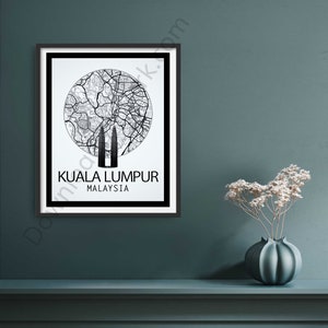 Kuala Lumpur Stadt Karte | Digitaldruck | Landkarte Poster | Stadt Kunstdruck | Kuala Lumpur Stadtplan | Petronas Towers Druck | Schwarz Weiß Druck