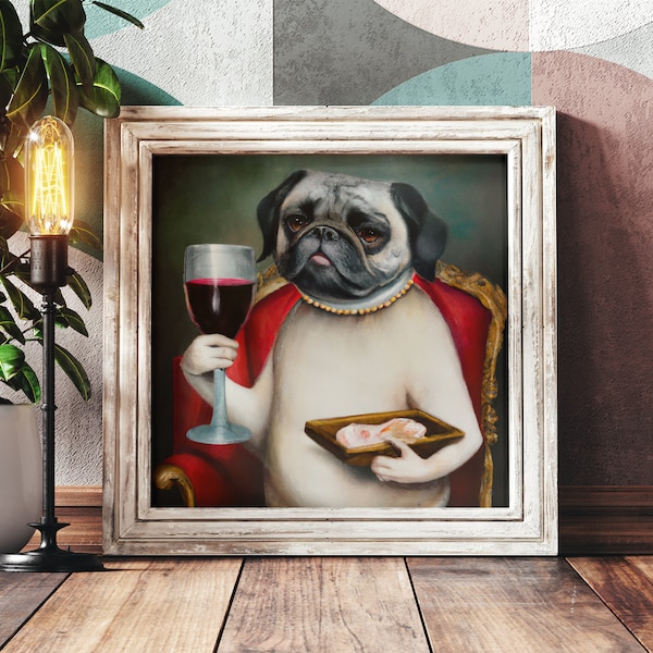 Carlin buvant du vin rouge | Art mural carlin amusant | Impression chien buvant du vin | Impressions de chien | Décoration de chien surréaliste | Décoration murale amusante avec un chien