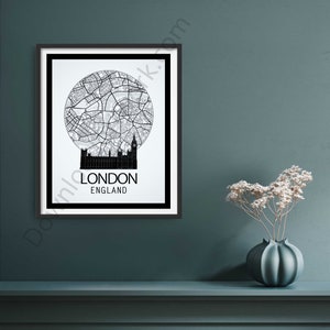 London Stadtplan | Digitaldruck | Landkarte Poster | Stadt Kunstdruck | Stadtplan London | Dekobild Big Ben | Schwarz-Weiß-Druck | London Kunst