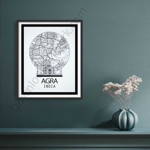 Stadsplattegrond van Agra | Digitale afdruk | Kaartposter | Stadskunstafdruk | Plattegrond van de stad Agra | Taj Mahal-print | Zwart-witafdruk | Muurkunst Taj Mahal