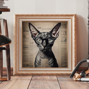 Scholarly Sphynx Cat Art Print: Whimsical Newspaper Wall Decor