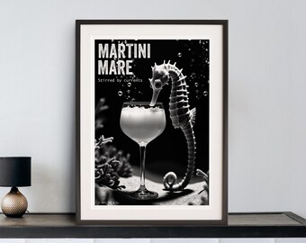 Gin Bar Wall Art | Seahorse Martini Poster | Coastal Home Decor | Whimsical Animal Print