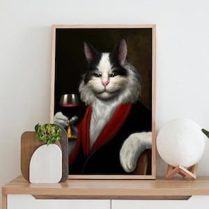 ワインを飲む猫のアートプリント：面白い洗練されたバーのアートワーク