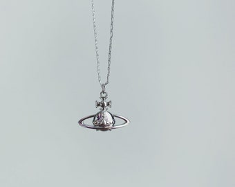 Vivienne Westwood Silver and Dark Blue 3D Orb Pendant Chain Necklace with Swarovski Crystals