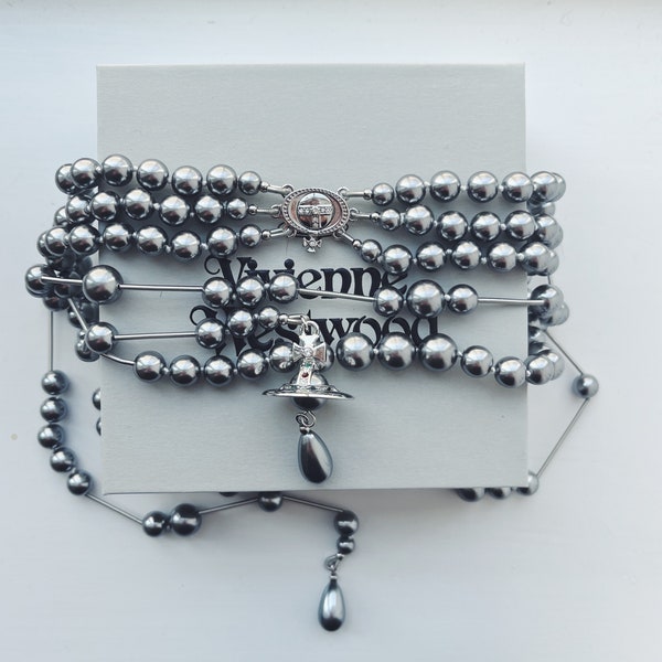 Vivienne Westwood long layered silver blue black pearl necklace with 3d orb drop and Swarovski Crystals
