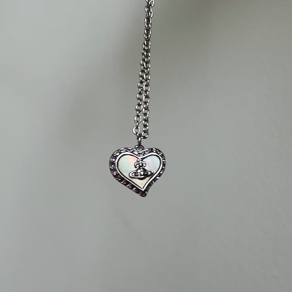 Vivienne Westwood silver and mother of pearl orb heart lilac Swarovski crystals pendant chain necklace