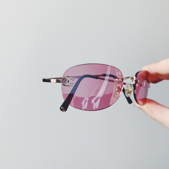 Vintage Chanel Silver Rimless Oval Sunglasses With Pink Rose 