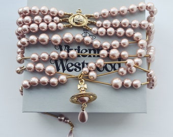 Vivienne Westwood long layered gold pink pearl necklace with 3d orb drop and Swarovski Crystals