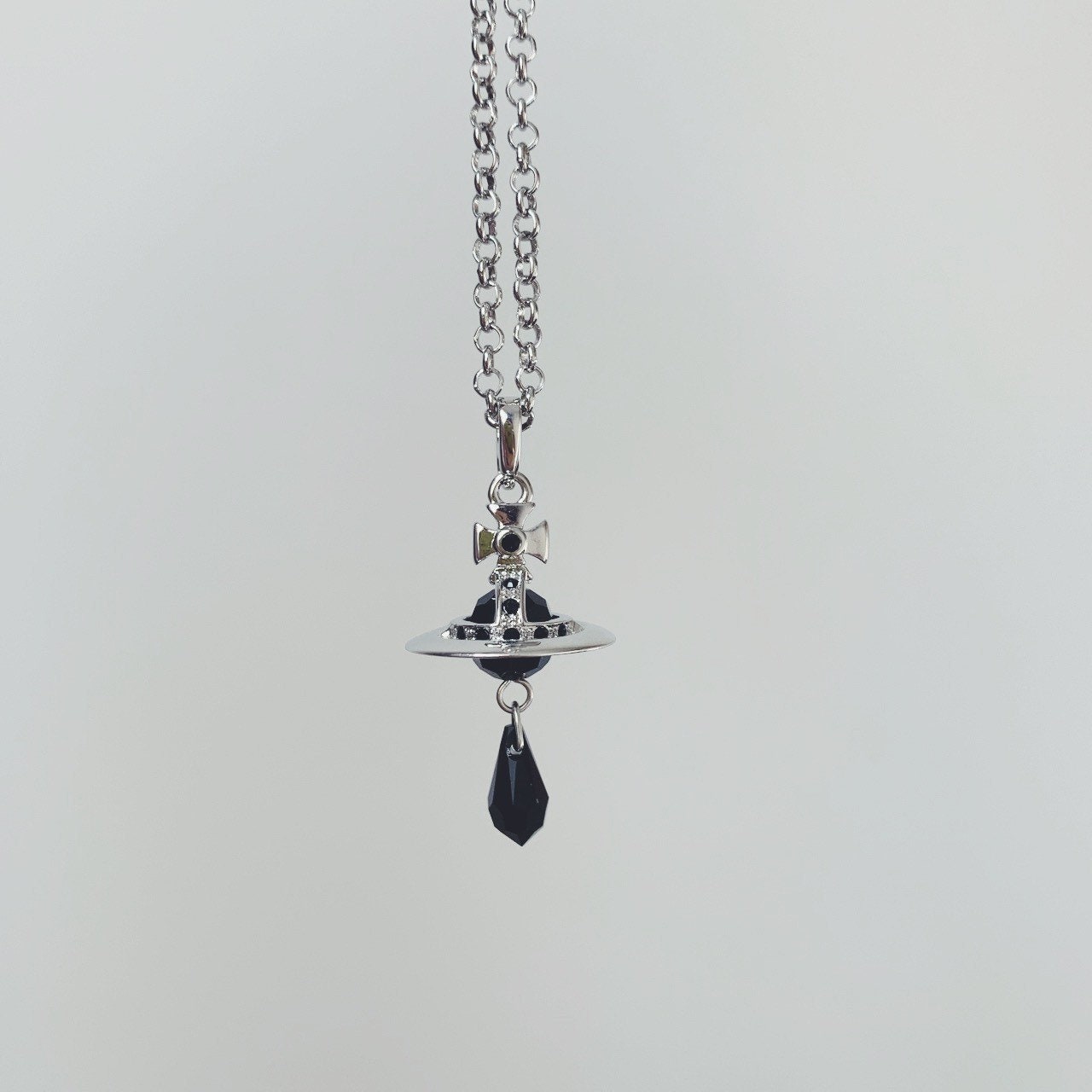 Vivienne Westwood silver black crystal 3d orb drop pendant chain necklace  with Swarovski crystals