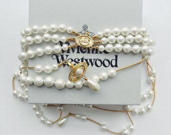 Vivienne Westwood long layered gold pearl necklace with 3d orb drop and Swarovski Crystals
