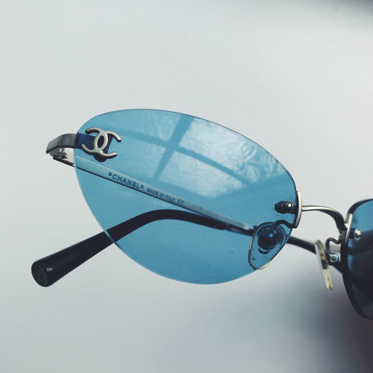 Vintage Chanel Rimless Silver and Blue Tinted Sunglasses With Cc