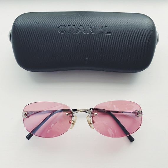 Vintage Chanel Silver Rimless Oval Sunglasses With Pink Rose