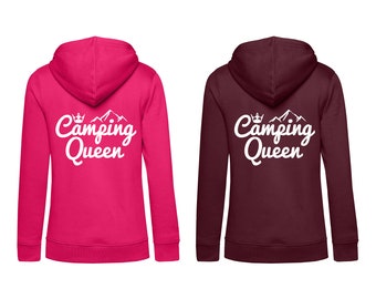 Camping Queen Organic Hoodie Rückendruck | Bio-Baumwolle | Ladies Kapuzenpullover Frauen Sweatshirt Kapuzenpulli Hooded Sweat Shirt