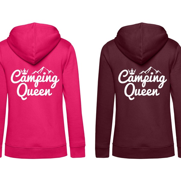 Camping Queen Damen Organic Hoodie Rückendruck | Bio-Baumwolle | Ladies Kapuzenpullover Frauen Sweatshirt Kapuzenpulli Hooded Sweat Shirt