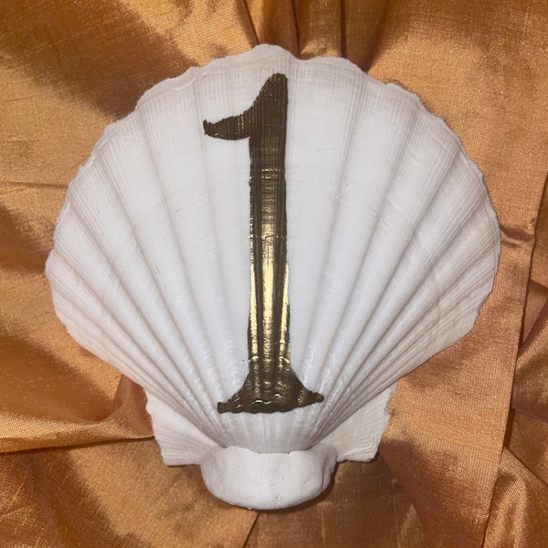 Real Scallop Shell Table Numbers for Wedding or Dinner Party or Restaurant. Hand-painted gold with clay base. 17 in Total.