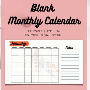 Monthly Blank Calendar Flower Design Printable A4 PDF | Etsy