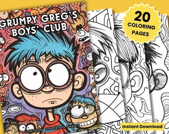 Puede incluir: Una portada de libro para colorear con un niño de dibujos animados con cabello azul y gafas. El título del libro es "Grumpy Greg's Boys' Club". La portada está llena de personajes de dibujos animados coloridos. El texto "Cartoon Coloring Pages" está en la parte inferior de la portada. El libro contiene 20 páginas para colorear.