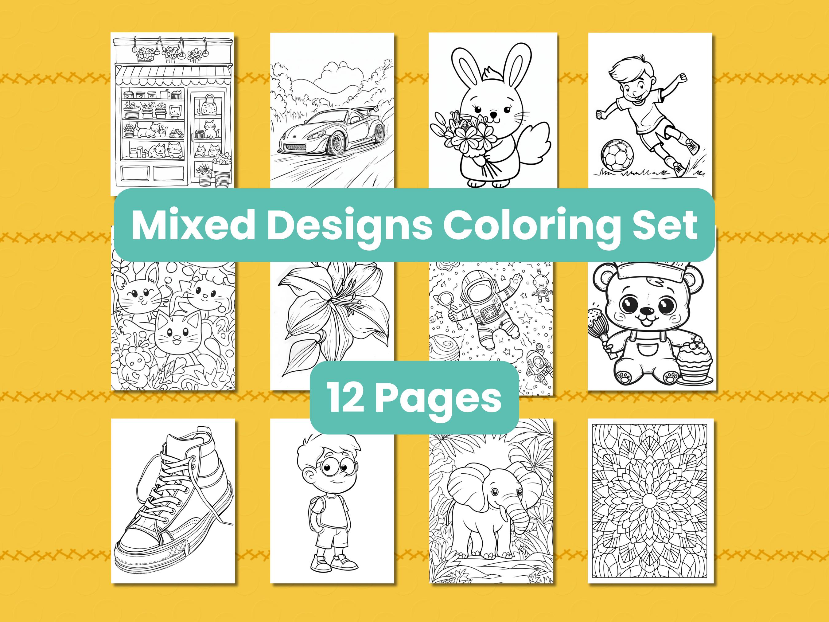 Kids Coloring Pages: 12 Mixed Designs, Fun Creative Scenes (PDF) - Etsy