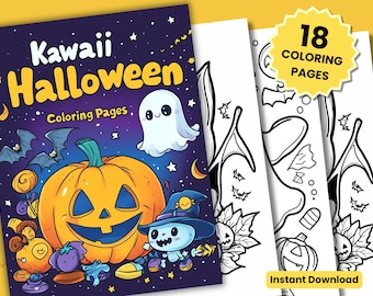 Puede incluir: Kawaii Halloween Coloring Pages presenta 18 páginas para colorear con lindas ilustraciones de un fantasma, una calabaza y otros personajes de Halloween. La portada presenta una calabaza sonriente, un fantasma y una bruja.