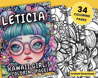 Puede incluir: Un conjunto de libros para colorear con una ilustración colorida de una niña con gafas y el texto "LETICIA KAWAI GIRL'S COLORING PAGES". Los libros incluyen 34 páginas para colorear y las palabras "Instant Download".