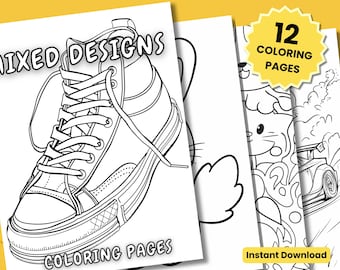 Puede incluir: Una página para colorear en blanco y negro que presenta una zapatilla de caña alta con cordones. La página se titula "Mixed Designs Coloring Pages".