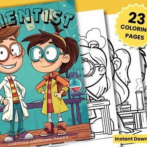 May include: A coloring book featuring a cartoon illustration of two young scientists in a lab setting. The book includes 23 coloring pages and is titled "Scientist Cartoon Coloring Pages".