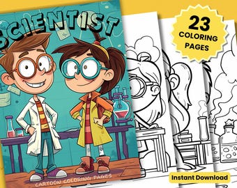 Puede incluir: Un libro para colorear con una ilustración de dibujos animados de dos jóvenes científicos en un laboratorio. El libro incluye 23 páginas para colorear y se titula "Scientist Cartoon Coloring Pages".