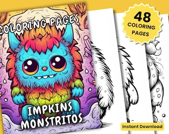 Puede incluir: Un conjunto de 48 páginas para colorear con adorables monstruos coloridos con el texto "Impkins Monstritos" en la portada.