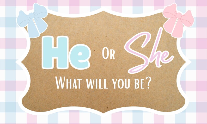 May include: A gender reveal announcement with a brown background and a white decorative border. The text "He or She, What Will You Be?" is displayed. Blue and pink bows are at the top corners, with a checkered pink and blue background.