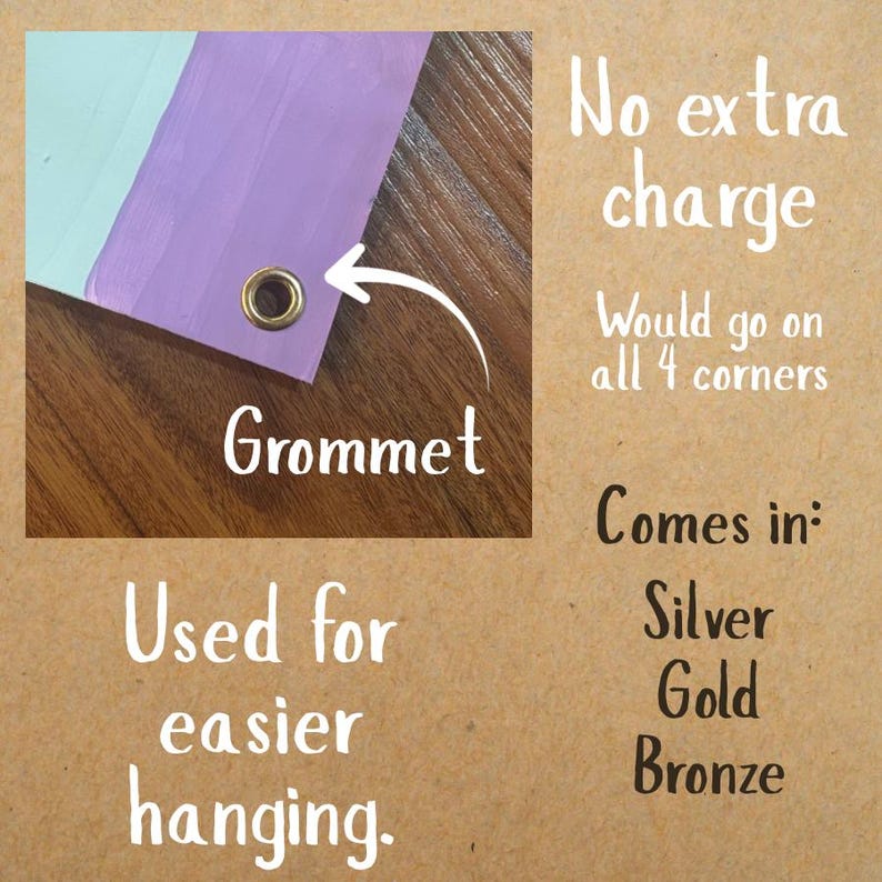 May include: Close-up of a purple and light blue banner corner with a gold grommet for hanging. Text reads "Grommet", "Used for easier hanging", "No extra charge", "Would go on all 4 corners", and "Comes in: Silver, Gold, Bronze."
