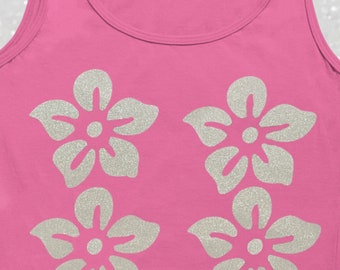 Glittery Silver Tropical Flowers Pink Tank Top (Ladies/Juniors Sizes)