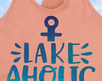 Metallic Blue "Lakeaholic" Orange Tank Top (Ladies/Juniors Sizes)