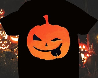Orange Winking Pumpkin on Black T-Shirt (Kids AND Adult Sizes, Long or Cropped)