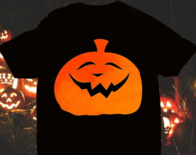 Featured listing image: Orange Grinning Pumpkin on Black T-Shirt (Kids AND Adult Sizes, Long or Cropped)