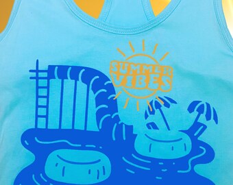 Vintage-looking Yellow and Blue "Summer Vibes" Waterpark Tank Top (Ladies/Juniors Sizes)