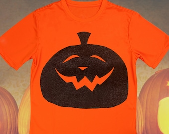 Glitter Black Grinning Pumpkin on Orange T-Shirt (Kids AND Adult Sizes, Long or Cropped)