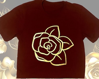 Metallic Gold Rose on Burgundy Cropped T-Shirt (Girls AND Ladies Sizes)