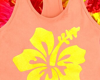 Glitter Yellow Hibiscus Flower Orange Tank Top (Ladies/Juniors Sizes)