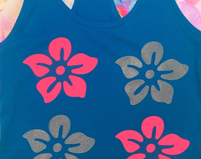 Featured listing image: Hot Pink and Glittery Silver Tropical Flowers Aqua Blue Tank Top (Ladies/Juniors Sizes)