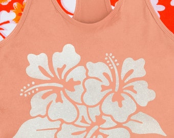 Glitter White Hibiscus Flowers Orange Tank Top (Ladies/Juniors Sizes)