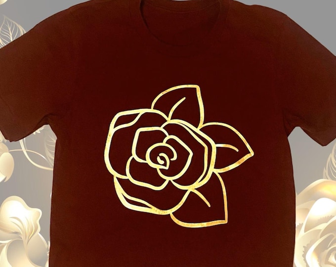 Metallic Gold Rose on Burgundy Cropped T-Shirt (Girls AND Ladies Sizes)
