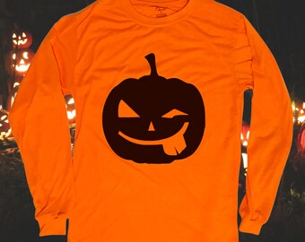 Winking Pumpkin on Neon Orange Long Sleeve Shirt (Adult Sizes)