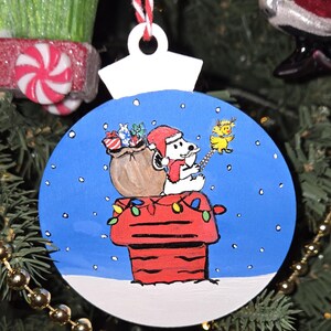 Santa Snoopy Christmas Handpainted Ornament, Peanuts Wood Painted Ornament, Unique Snoopy and Woodstock Christmas Tree Decor