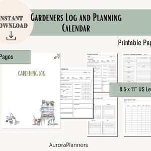 Könnte beinhalten: Druckbarer Gartentagebuch und Planungs-Kalender mit 24 Seiten. Der Kalender enthält eine Pflanzenprofilseite, einen wöchentlichen Gartenplaner, eine To-Do-Liste und Seiten für die Saatgutbestandsaufnahme. Die Seiten sind 8,5 x 11 Zoll groß, US-Letter-Format.