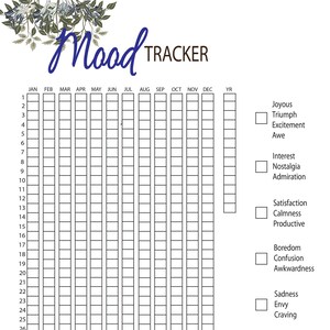 May include: A black and white printable mood tracker with a floral design at the top. The tracker includes a calendar grid for each month of the year and a list of moods to check off.