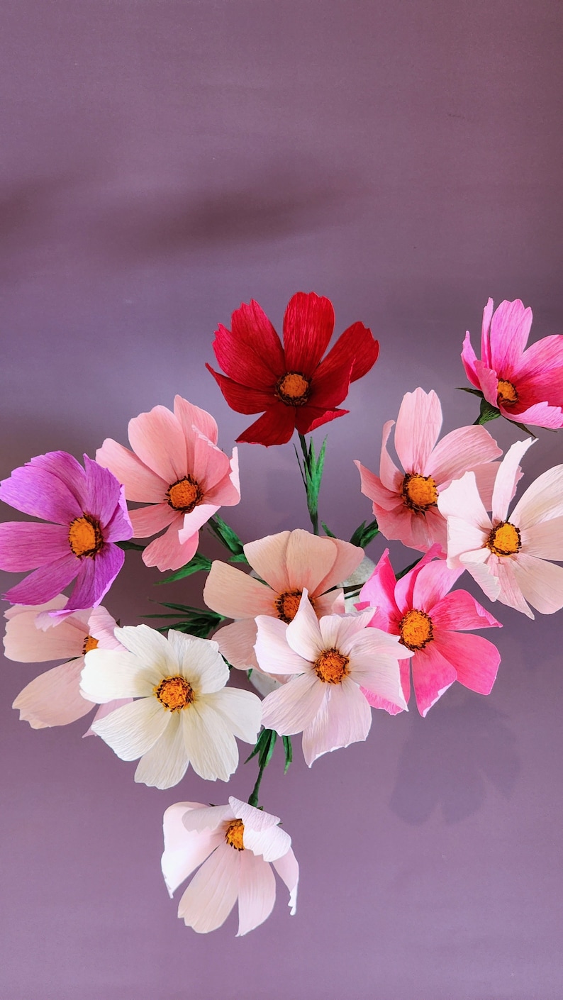 May include: A bouquet of paper flowers in various shades of pink, white, and red. The flowers are arranged in a cluster and have a delicate, layered appearance.