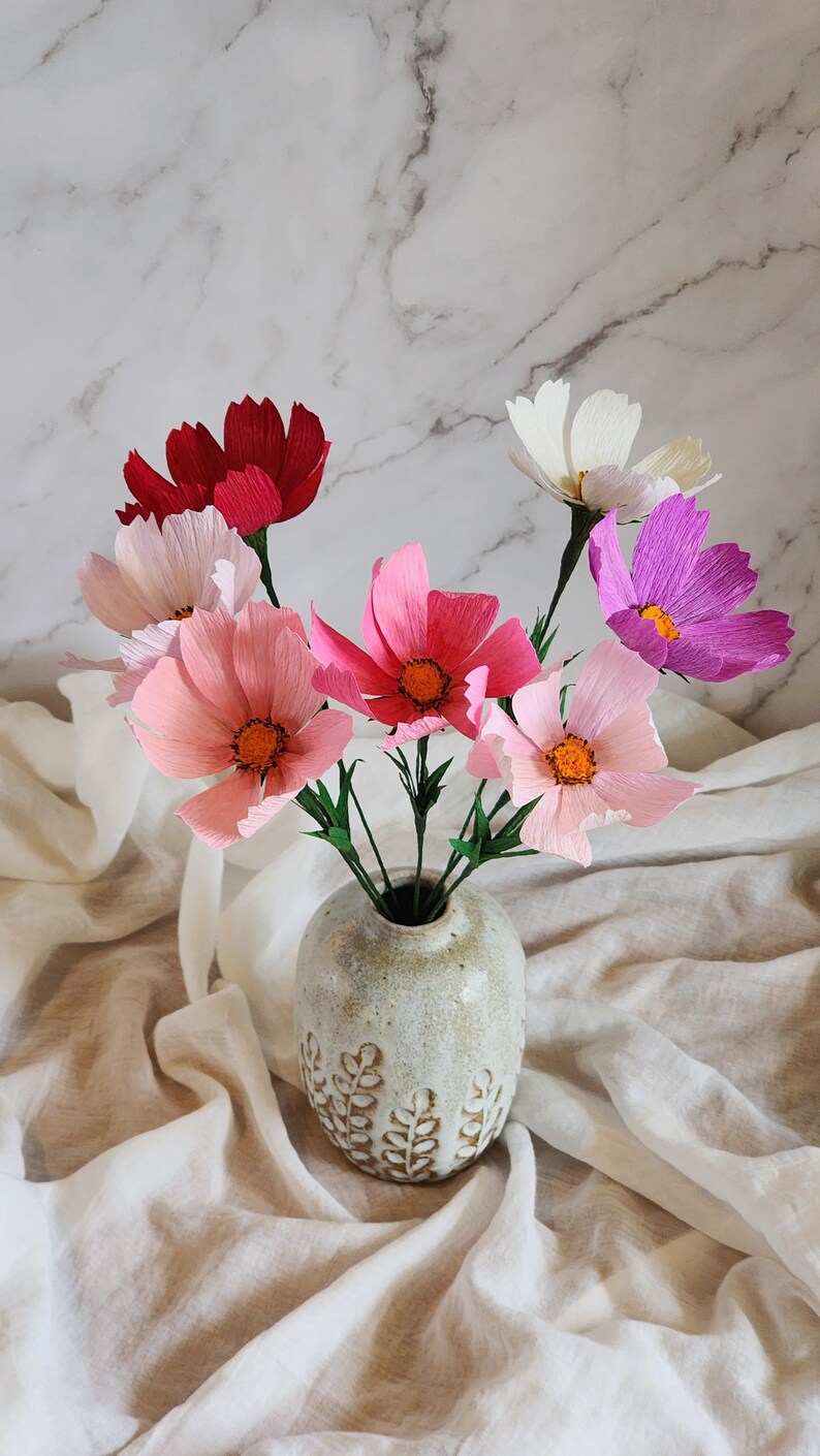 7 cosmos, red, white, lilac, light lilac, pink, light pink, and hot pink are in a texted vase against a marble background on a table covered with white cotton.