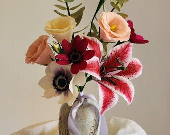 Handmade Crepe Paper Flower Bouquet: Lily, Anemone & Eucalyptus