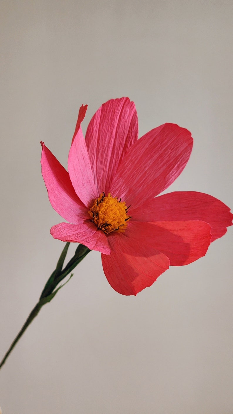 May include: A single pink paper flower with a yellow center. The flower is on a stem with green leaves.