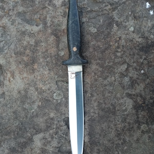 May include: A black-handled dagger with a silver blade. The handle has a textured appearance and is adorned with two small, circular gold-colored accents. The blade is sharp and pointed, reflecting the light. The dagger is designed for utility and self-defense.